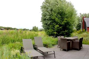 um pátio com uma mesa e cadeiras num campo em Goudvink Egmond em Egmond aan den Hoef