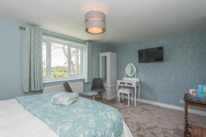 a bedroom with a bed and a desk with a mirror at Tyn Llain B&B in Llanfflewyn