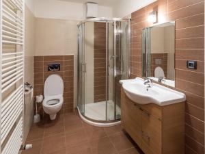 uma casa de banho com um WC, um lavatório e um chuveiro em EA Apartmány na Filipce em Modrava
