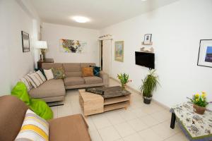 ein Wohnzimmer mit Sofa und Fernseher in der Unterkunft Nefeli Sea Side, Boutique Apartment in Limassol