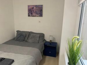 a bedroom with a bed and a picture on the wall at Apartament pod Zamkiem Chojnik in Jelenia Góra