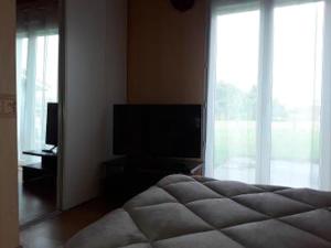 1 dormitorio con 1 cama y TV de pantalla plana en Maison de 3 chambres avec jacuzzi jardin amenage et wifi a Angoume, en Angoumé