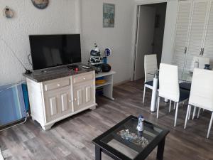 een woonkamer met een flatscreen-tv en een tafel bij Apartamento con entrada independiente y jardín in Punta del Este