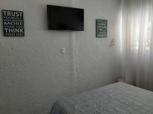 1 dormitorio con 1 cama y TV en la pared en Apartamento con entrada independiente y jardín, en Punta del Este