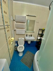 La petite salle de bains est pourvue de toilettes et d'un lavabo. dans l'établissement Прекрасная квартира в новом доме возле метро, à Kiev