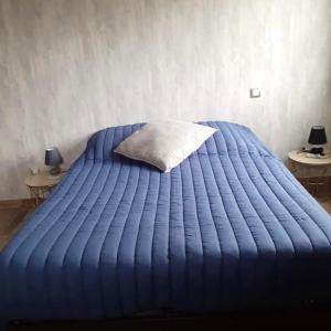 uma cama com um edredão azul e duas mesas em Maison de 2 chambres avec jardin clos et wifi a Saint Blimont em Saint-Blimont