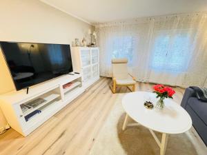 a living room with a large television and a table at Pension Mitte in Oldenburg