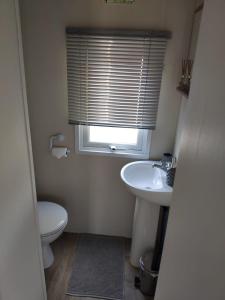 a bathroom with a sink and a toilet and a window at Lovely Static 6 Bed Caravan at Billing Aquadrome in Great Billing