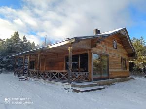 una cabaña de madera en la nieve en el bosque en Piglet house, en Alytus