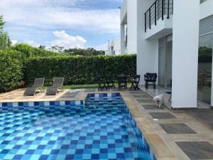 a swimming pool with a dog next to a house at Villa Juliana in Carmen de Apicalá