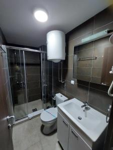 ein Bad mit einem WC, einer Dusche und einem Waschbecken in der Unterkunft Apartman NERA - u Kraljevim čardacima Kopaonik in Kopaonik