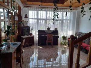 a living room with a table and chairs and windows at Pensiunea Anda in Tulcea