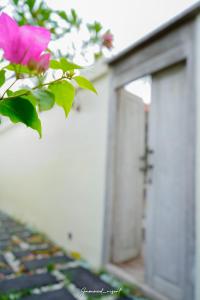 una rosa rosa frente a un garaje en Java Wood en Gili Trawangan