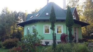 een groen en wit huis met een dak bij Vila Elena in Stará Lesná