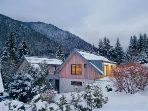 ein Holzhaus im Schnee mit Bäumen in der Unterkunft BudinSKI Apartmány & Wellness in Liptovský Mikuláš