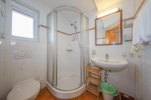 a bathroom with a shower and a sink and a toilet at Appartementhaus Chalet Alpina in Sankt Johann in Tirol