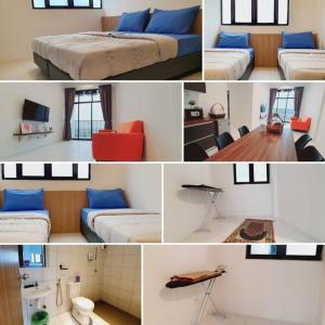 a collage of four pictures of a room with beds at myRumah Imperio Home , Alor Setar 3BR with Sky Infinity Pool in Alor Setar
