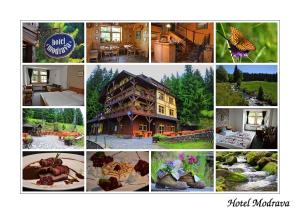 eine Collage mit Bildern eines Hauses und eines Schmetterlings in der Unterkunft Hotel Modrava in Modrava