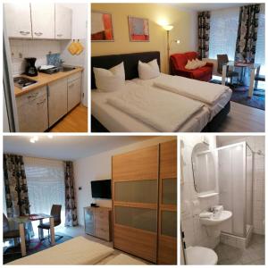 2 fotos de una habitación de hotel con cama y baño en Appartementhaus Nürnberg, en Bad Füssing