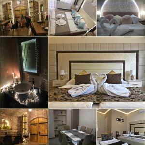 a collage of photos of a hotel room at Melior Szálló in Eger