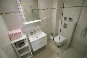 een badkamer met een toilet, een wastafel en een douche bij Modern apartment Zen with private garden in Poreč