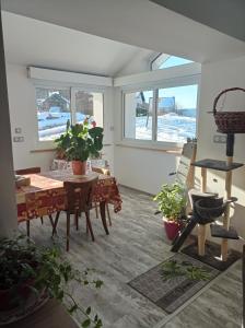 uma sala de estar com uma mesa e alguns vasos de plantas em Les Clés de XOULCES em Cornimont