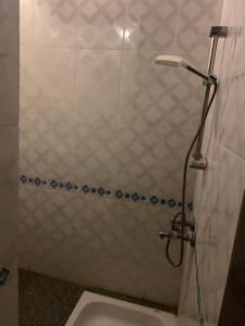 a bathroom with a shower with a toilet at Nubian Farm Aswan in Aswan