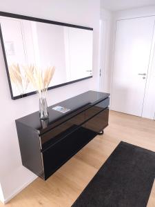 a black dresser with a vase on it in a room at Panorama Apartment Vienna - free parking, sauna & fitness in Vienna