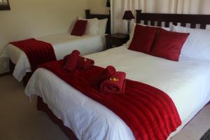 two beds in a hotel room with red towels on them at The Golden Grape B&B in Lutzville +32 photos
