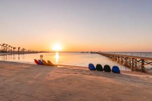 grupa desek surfingowych na plaży o zachodzie słońca w obiekcie Pickalbatros Palace - Aqua Park Hurghada w mieście Hurghada