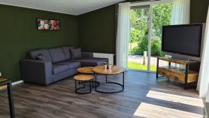 a living room with a couch and a tv and a table at de4SeiZoentjes in Schoonebeek