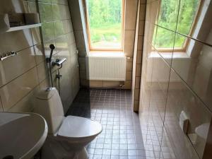 een badkamer met een toilet, een wastafel en een raam bij Kooli talu puhkemaja in Valingu