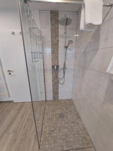 La salle de bains est pourvue d'une douche avec une porte en verre. dans l'établissement Ferienwohnung Helenenquelle, à Bad Wildungen