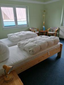 two beds in a room with two windows at Ferienwohnung 1, Waldesruh Dierhagen in Dierhagen