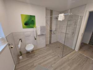 a bathroom with a glass shower and a toilet at Ferienwohnung Königsquelle in Bad Wildungen