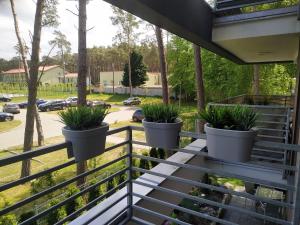a porch with three potted plants on a fence at Apartament Luxury in Pogorzelica