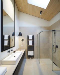 
a bathroom with a shower, sink, and toilet at Das Tegernsee in Tegernsee
