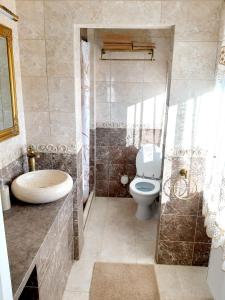 łazienka z toaletą i umywalką w obiekcie Penzion a Restaurace Belveder w mieście Jáchymov