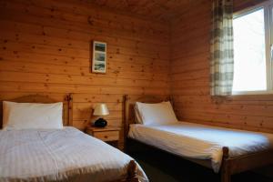 two beds in a log cabin with a window at Woodland Pine Lodge in Killin