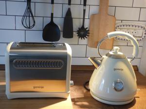 a toaster and a tea kettle on a kitchen counter at Hisa STERNA - WELL HOUSE in Zgornje Škofije