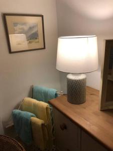 a lamp sitting on a desk next to a chair at Beautiful riverfront cosy one bedroom apartment in Upton upon Severn