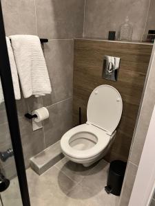 a small bathroom with a toilet and towels at מגדל חי in Eilat