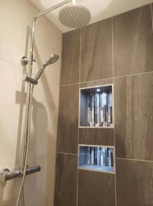 a shower with a book shelf in a bathroom at The Courtyard - Cosy, secluded with luxury suite in Walmer