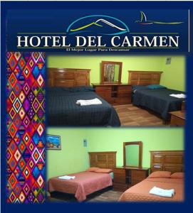 two pictures of a hotel del camillian room with two beds at Hotel del Carmen in Retalhuleu