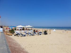 a beach with chairs and umbrellas and the ocean at le Home Sweet Home d'Alice!!! à la Villa Alice Roger in Dunkerque