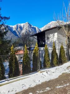 uma casa com montanhas cobertas de neve ao fundo em Vila Mura em Buşteni