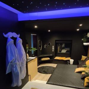 a bedroom with a bed and a blue ceiling at La Gaillardise - love room - Spa & Sauna - Espace privatif in Brive-la-Gaillarde