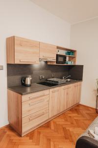 a kitchen with wooden cabinets and a sink and a microwave at Elegant studio, 400m from the square in Plzeň