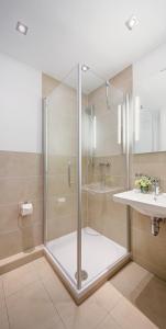 a bathroom with a shower and a sink at Haus am Hühnerdieb in Aachen