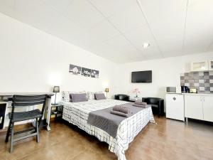 Un dormitorio con una cama, un escritorio y un televisor. en Estudios GLORIA, en Alicante